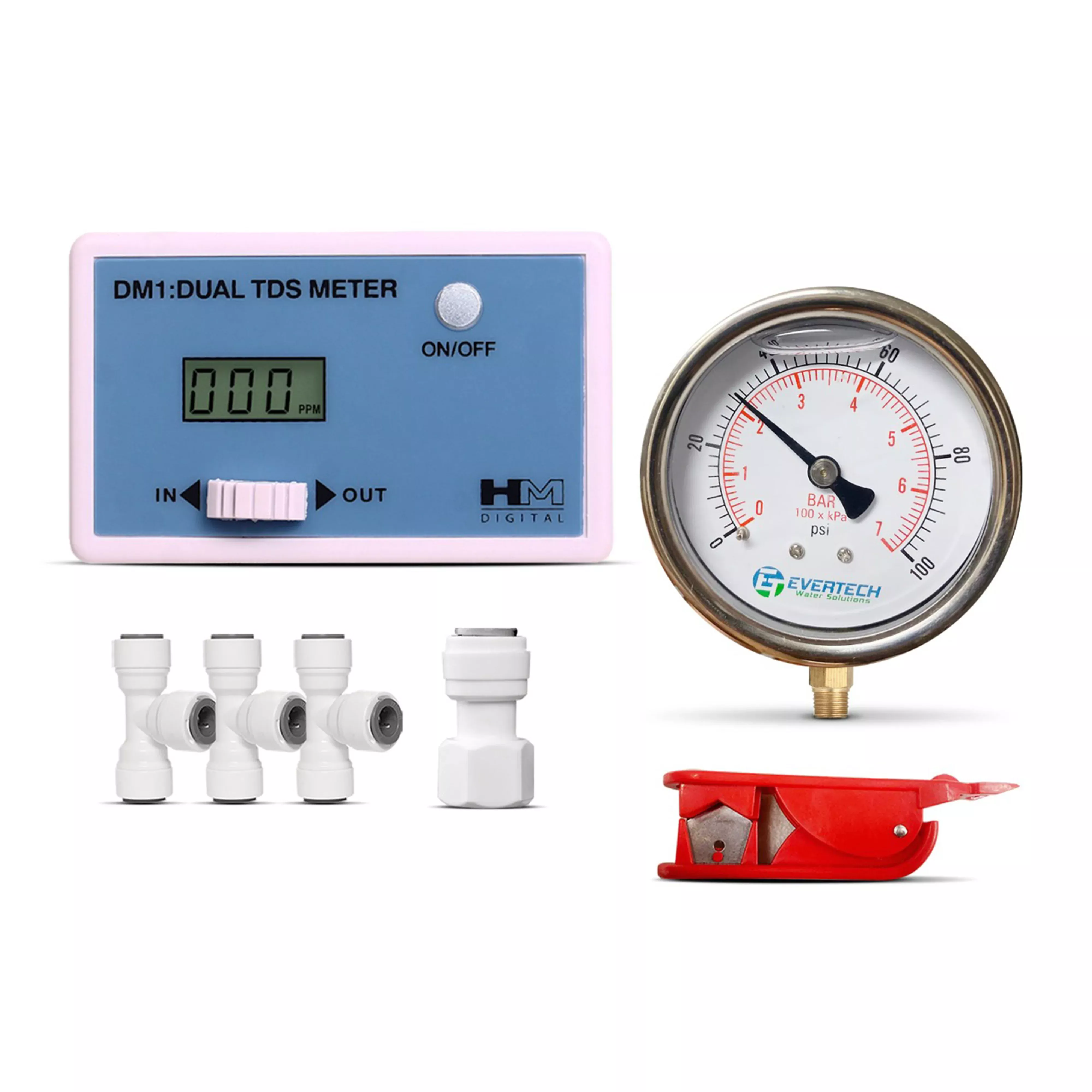 Glycerin Filled Pressure Gauge (1-100 PSI) + HM Digital TDS Meter + Tube Cutter