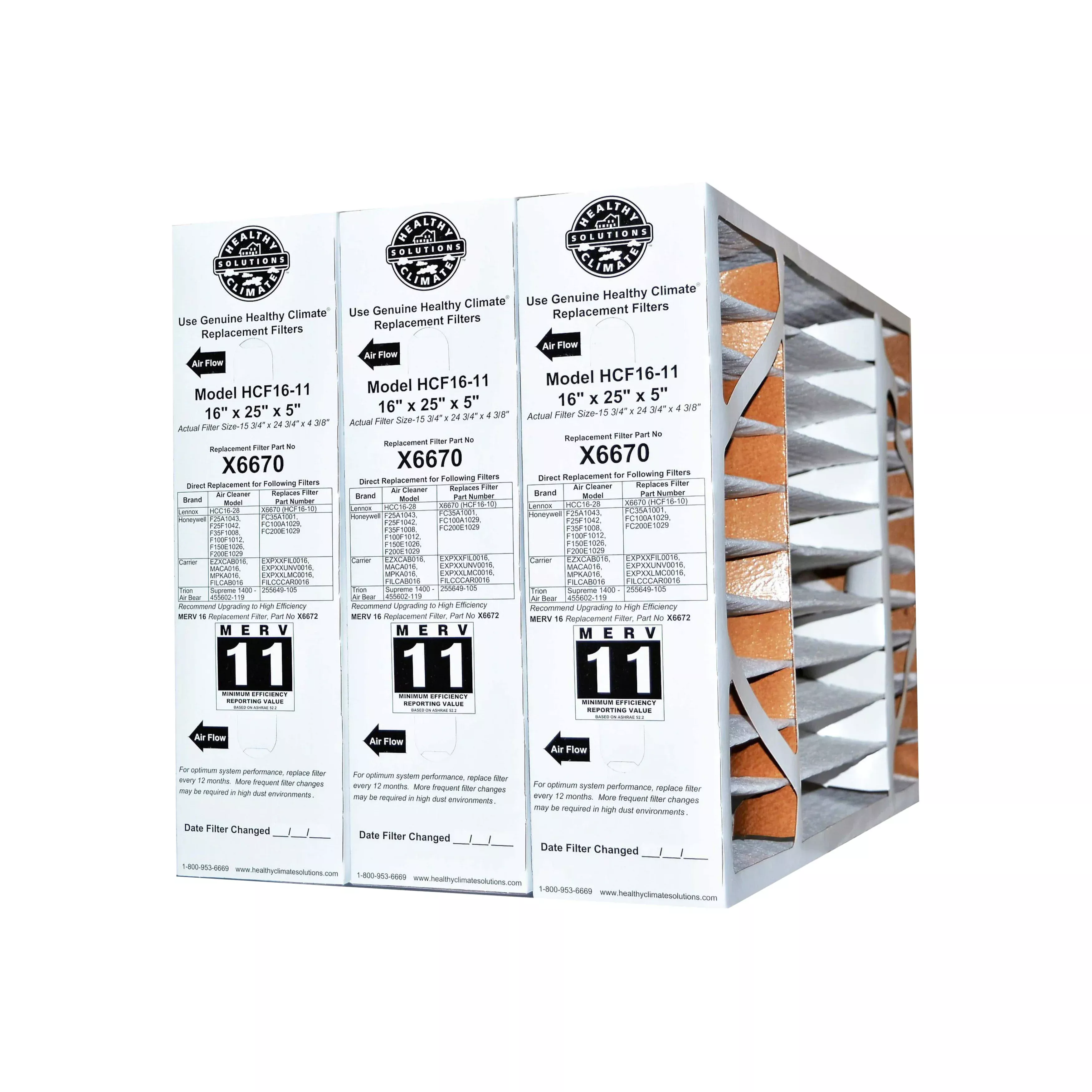 Lennox Part # X6670 MERV 11 16x25x5 For HCF16-11. Actual Filter Size is 15 3/4" x 24 3/4" x 4 3/8"Healthy Climate Furnace Filter. Case of 3