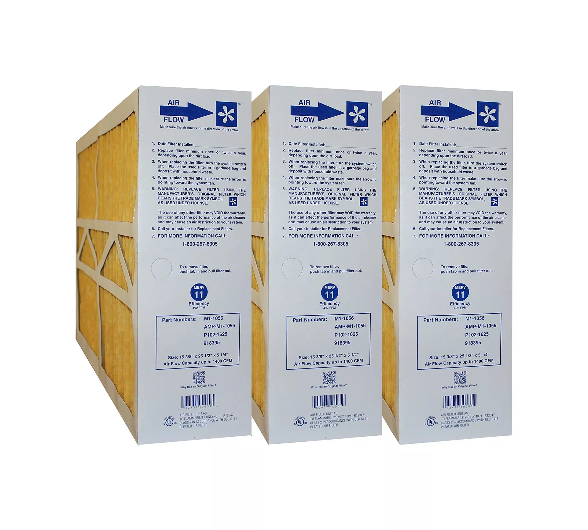 M1-1056 MERV 11 Genuine Original Furnace Filter. Actual Size 15 3/8" x 25 1/2" x 5 1/4" Case of 3