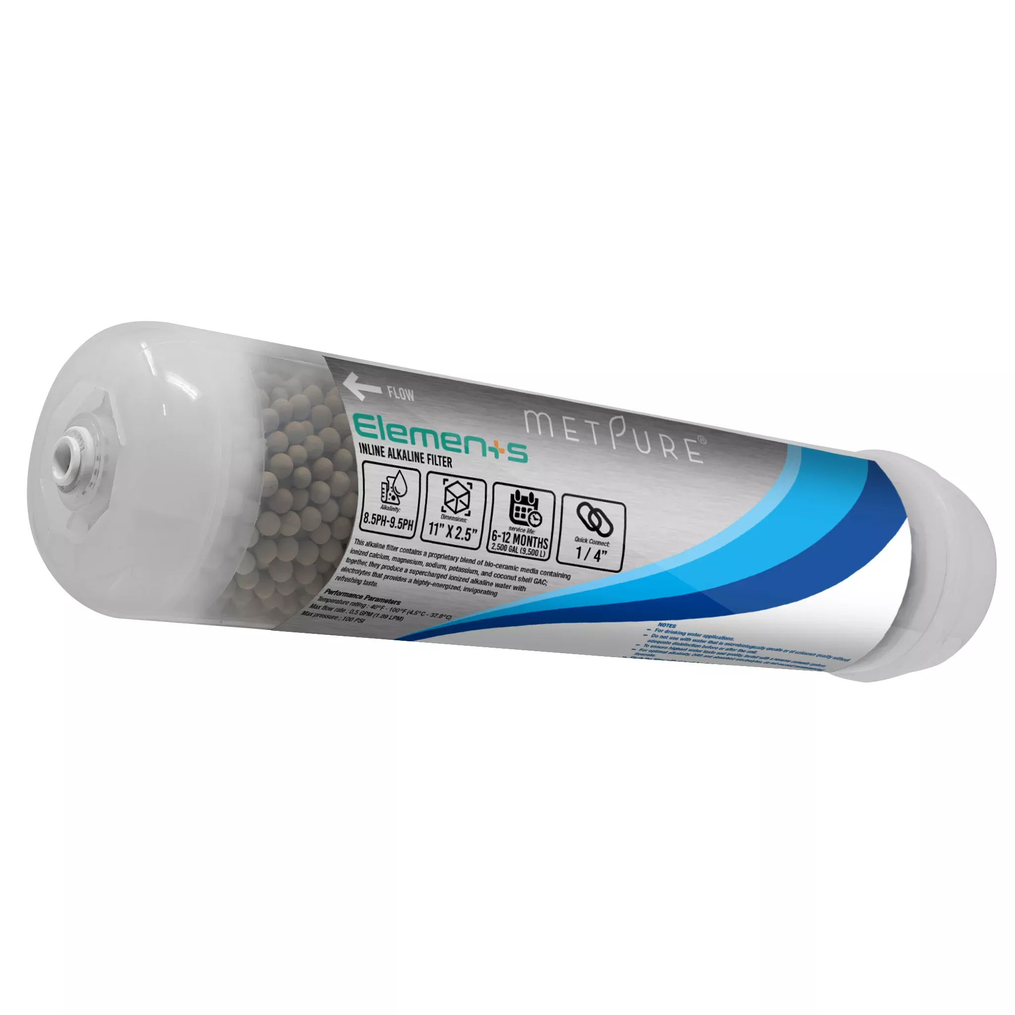 Metpure Elements Inline Antioxidant Alkaline Water Filter 11" x 2.5" with 1/4" Quick Connect Ends Replacement or Add-on for pH Balance and Restore Minerals in Reverse Osmosis RO System